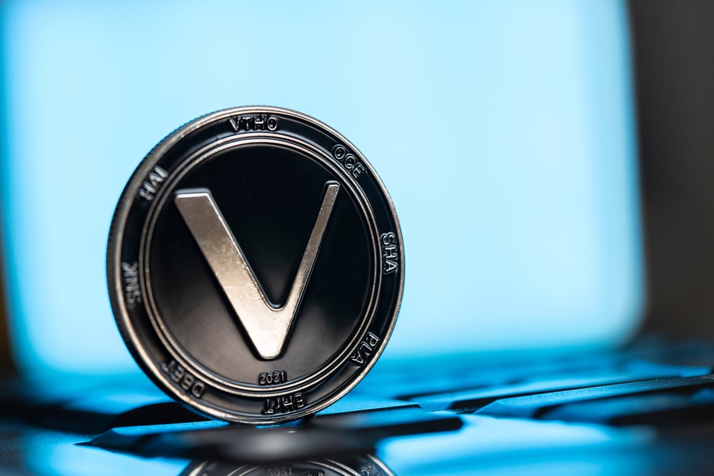 Vechain,Vet,Cryptocurrency,Physical,Coin,Paced,By,The,Computer,Keyboard